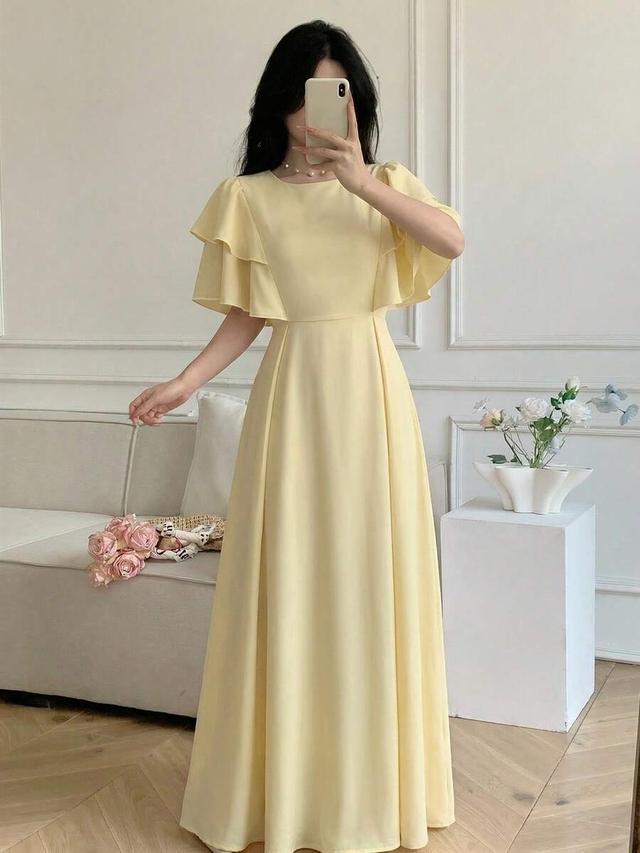 celisse round neck double ruffle sleeve cinched waist dress