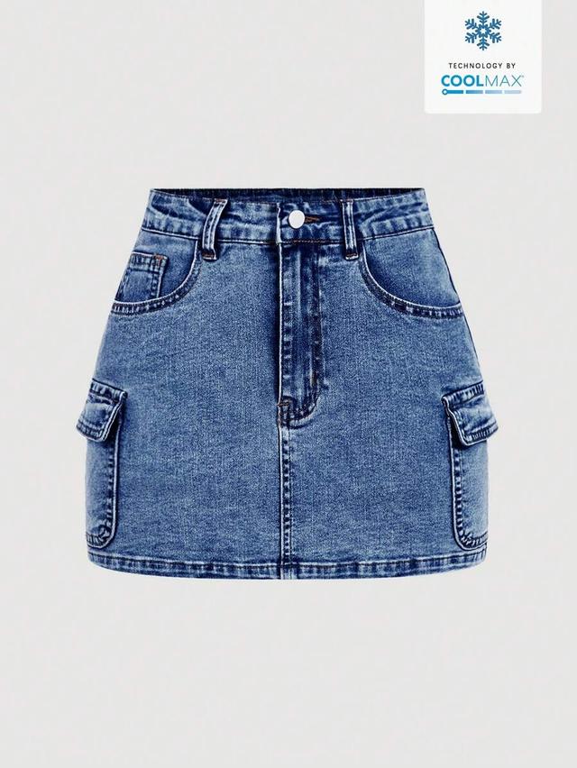 high-waisted blue denim cargo mini skirt