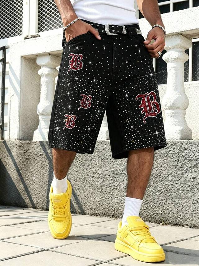 black shorts with rhinestone gothic lettering