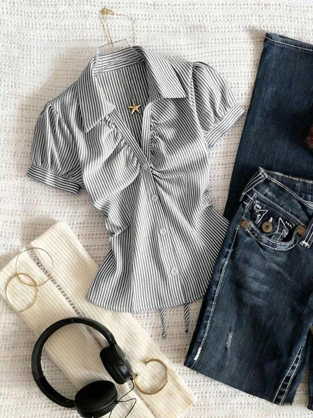 striped button down blouse with ruched front detail
