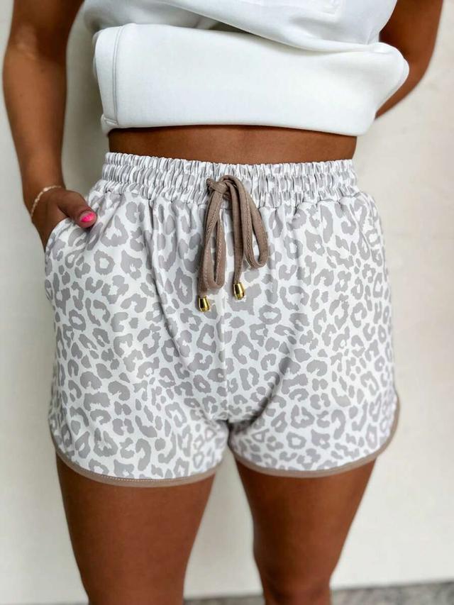 leopard print elastic drawstring waist casual shorts