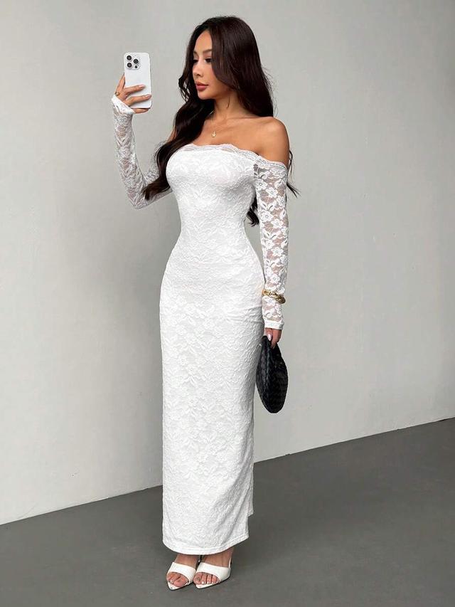white off-shoulder long sleeve lace mini dress