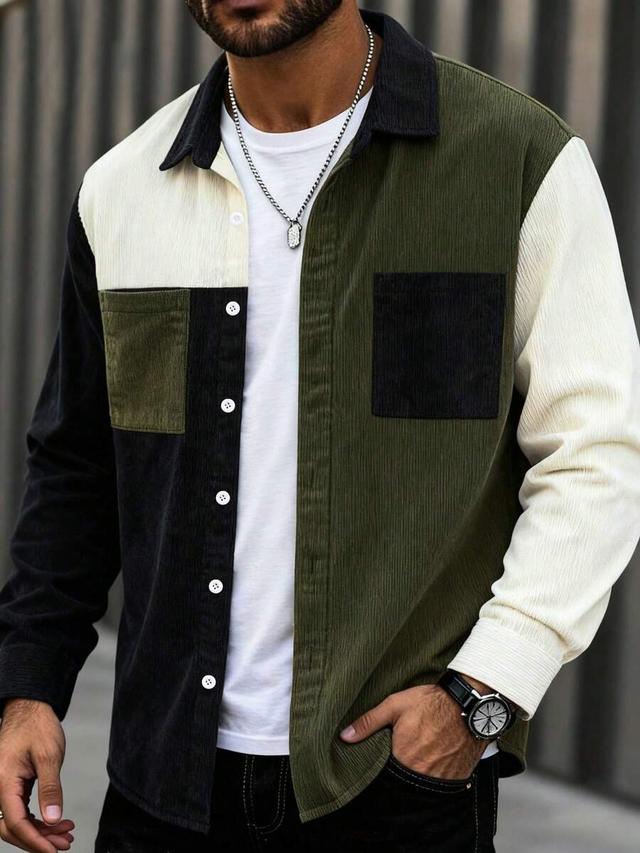 cream men's corduroy multi-color contrast patchwork long sleeve shirt