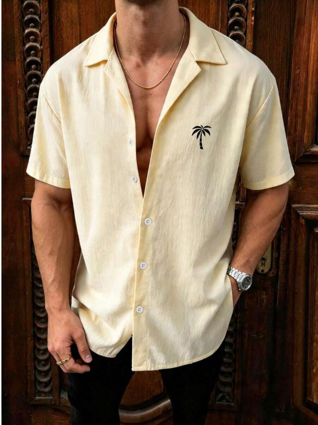 men's light peach linen-feel coconut tree print shirt