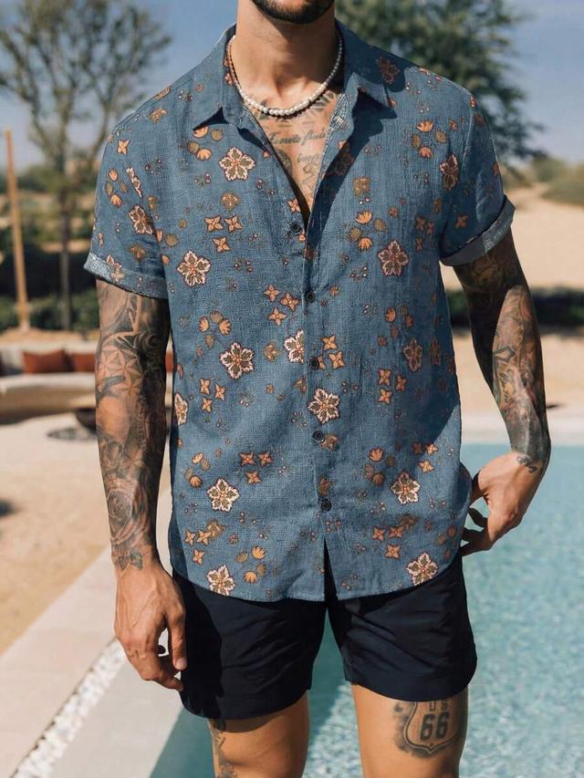 men's retro tropical floral print linen-blend vacation shirt