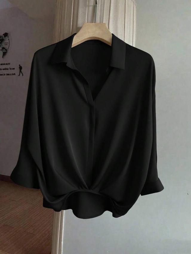 black elegant casual 3/4 sleeve pleated hem blouse