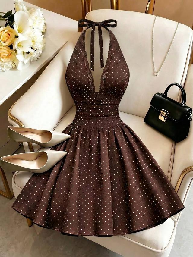 brown polka dot halter neck flared dress