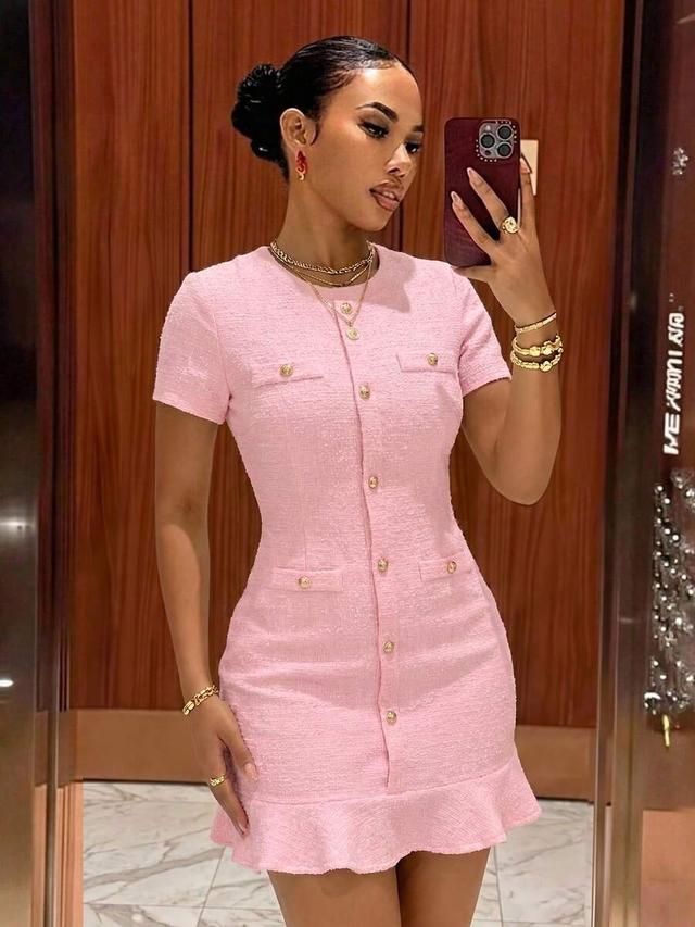 soft pink chanty jacquard mini dress with ruffles