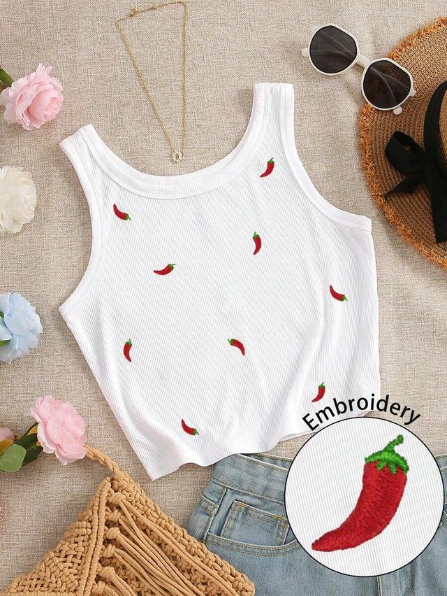 white ribbed knit tank with chili embroidery
