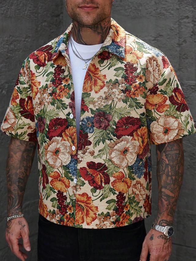 beige floral jacquard short-sleeve button-front shirt