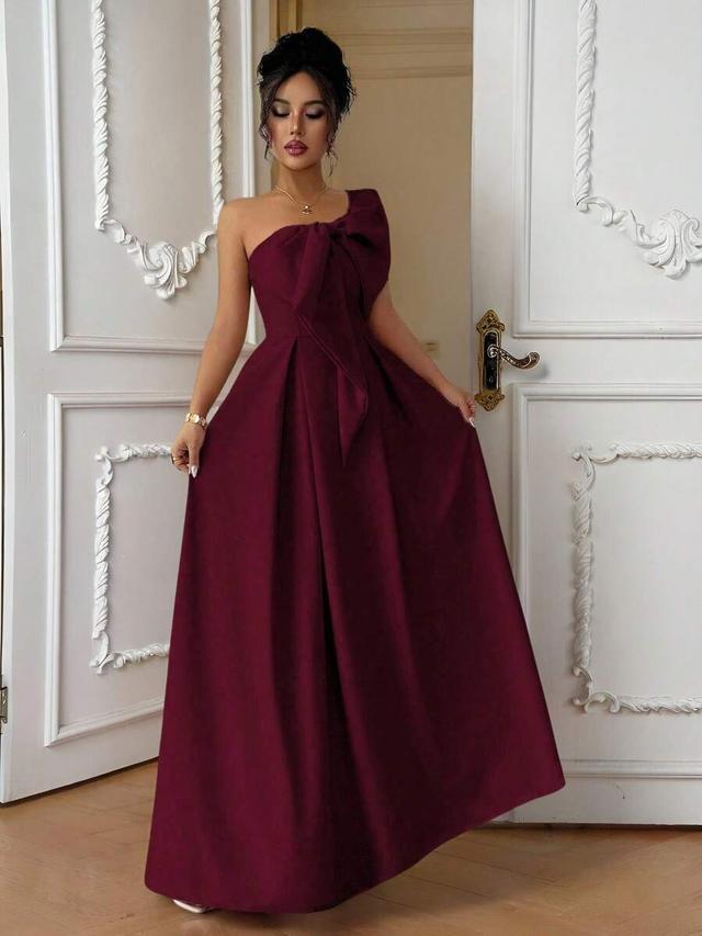 burgundy asymmetric one-shoulder bowknot waist a-line dress