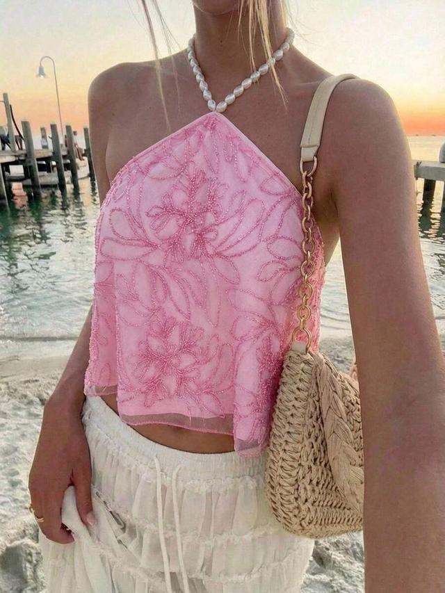 pink floral beaded halter neck sequin crop top