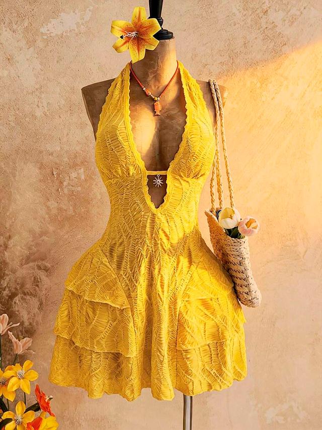 yellow textured halter neck tiered mini dress