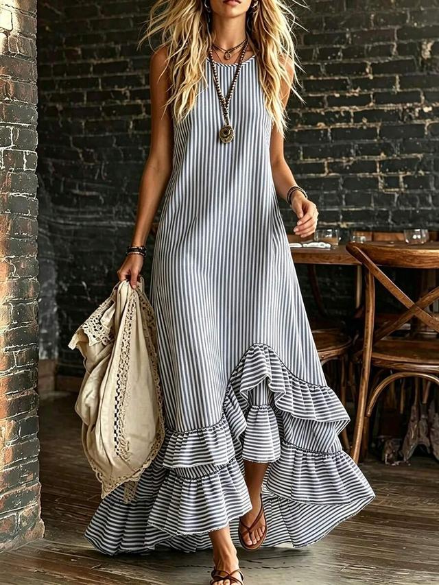 blue and white vertical striped sleeveless ruffle hem dress