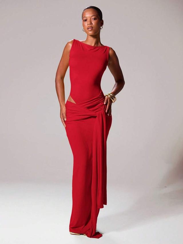 red slash neckline tie front drape maxi dress