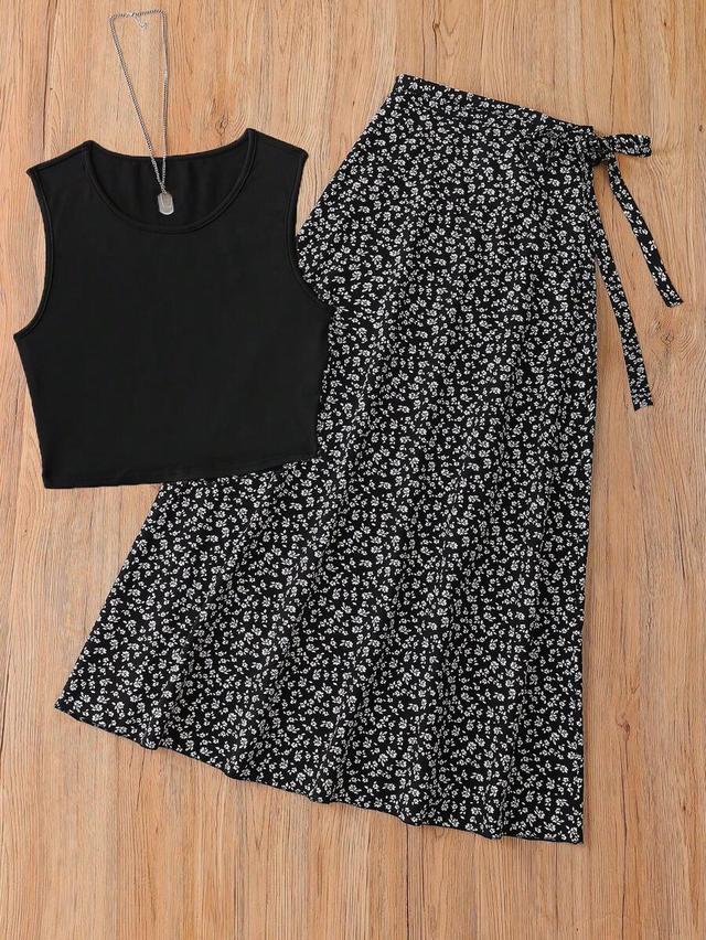 black crop top and floral midi skirt set
