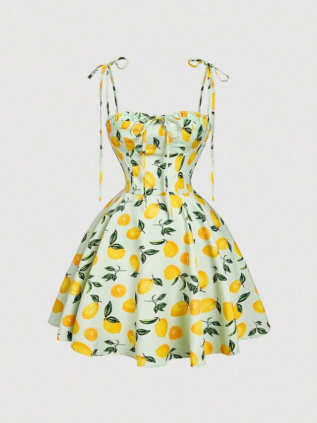 lemon print retro strap short dress