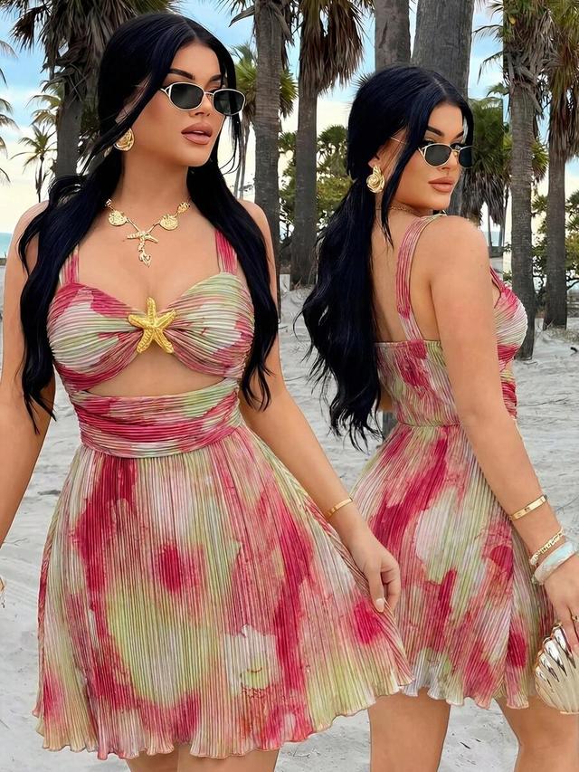 pink and green tropical print pleated mini dress