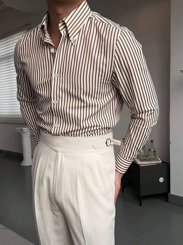 men's striped textured thin polyester long sleeve shirt
