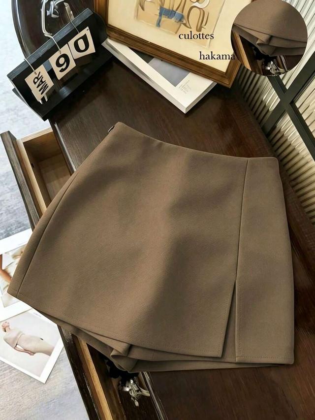 brown high waist textured gray culotte shorts with side slit