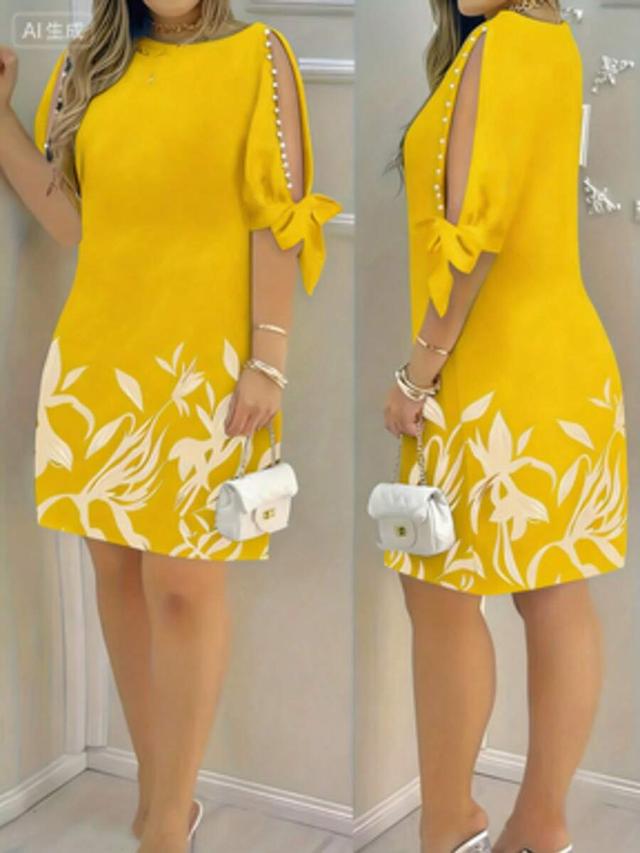 floral print open sleeve pearl embellished yellow dress