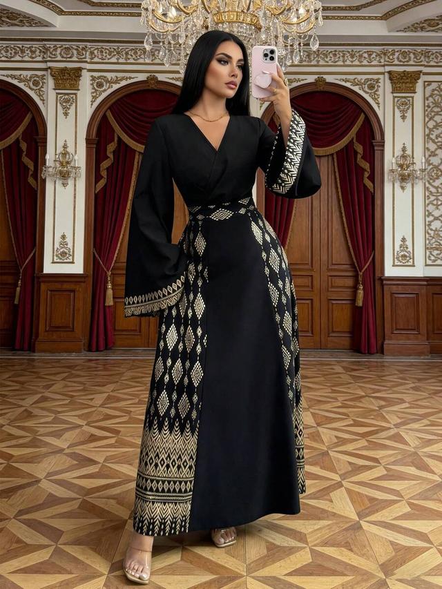black and gold hot stamping v-neck long dress
