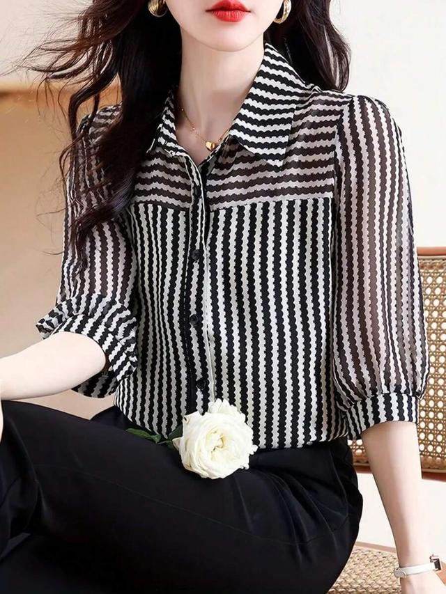 women's casual wavy stripe print semi-sheer blouse