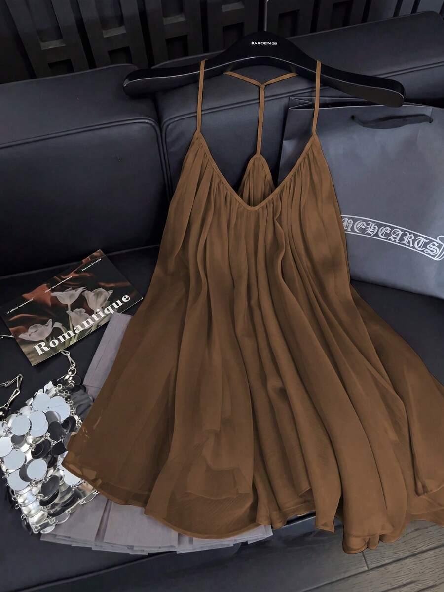 brown sheer chiffon ruched v-neck cami top