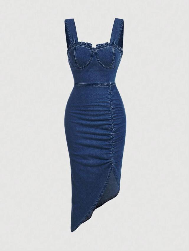 dark wash denim midi dress with corset bodice