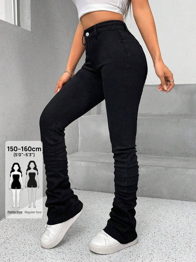 black solid slant pocket stacked denim jeans