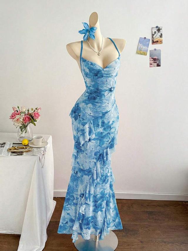 blue floral vintage print draped neck layered ruffle dress