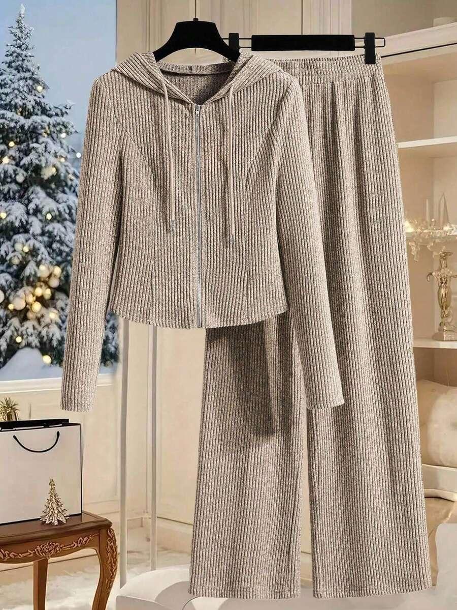 ribbed knit hooded zip-up top and pants set
