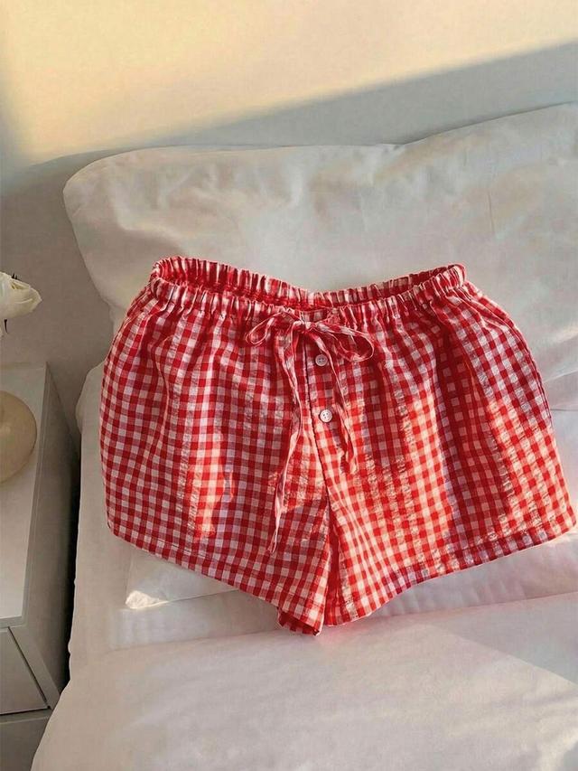 casual red plaid cotton linen shorts