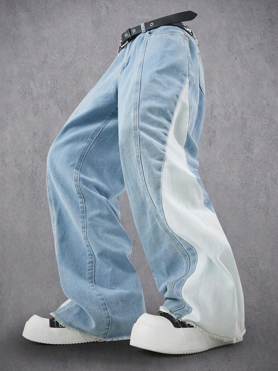 color block splicing high waisted loose flare jeans