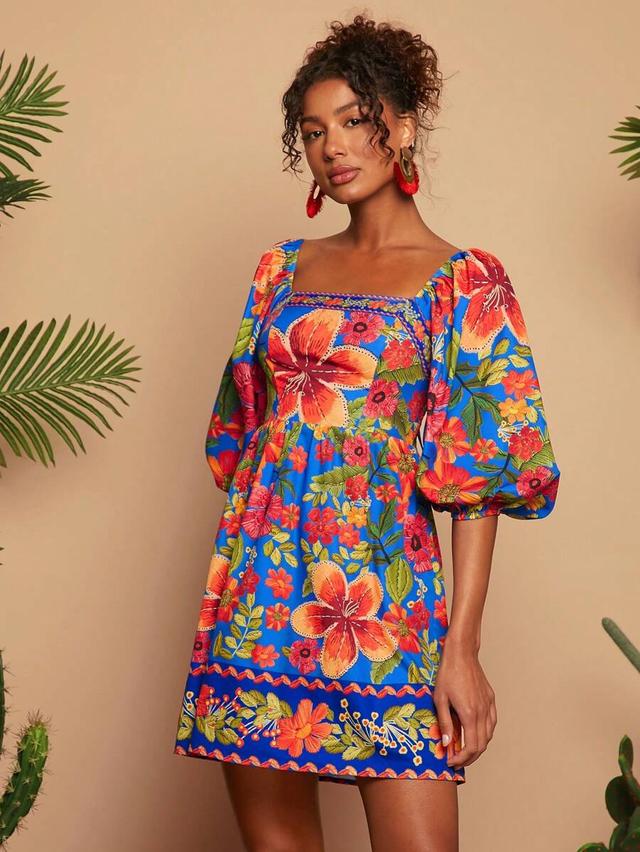 vibrant floral print square neck puff sleeve dress