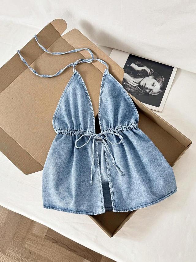light blue backless halter neck denim top