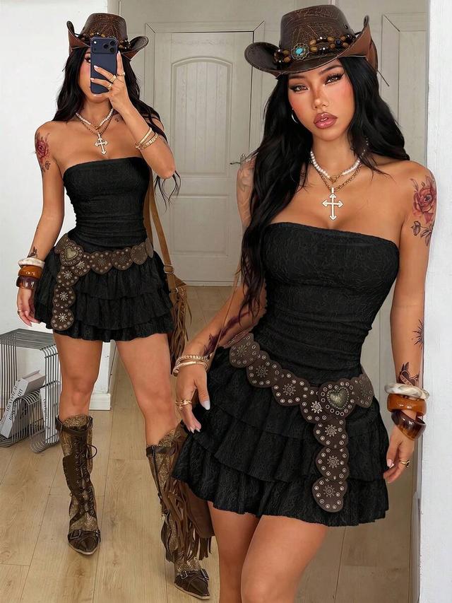 black strapless lace tiered mini dress