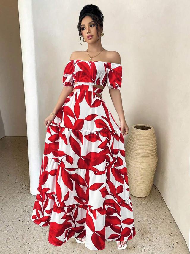 red and white leaf print off the shoulder dress