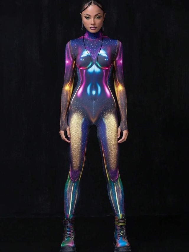 futuristic holographic nebula print full-body bodysuit