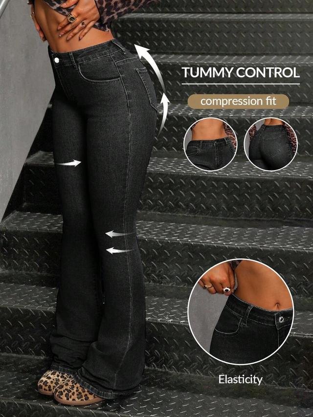 high-waisted black stretch denim flare jeans