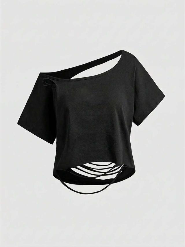 asymmetric shoulder ripped open back loose cropped t-shirt