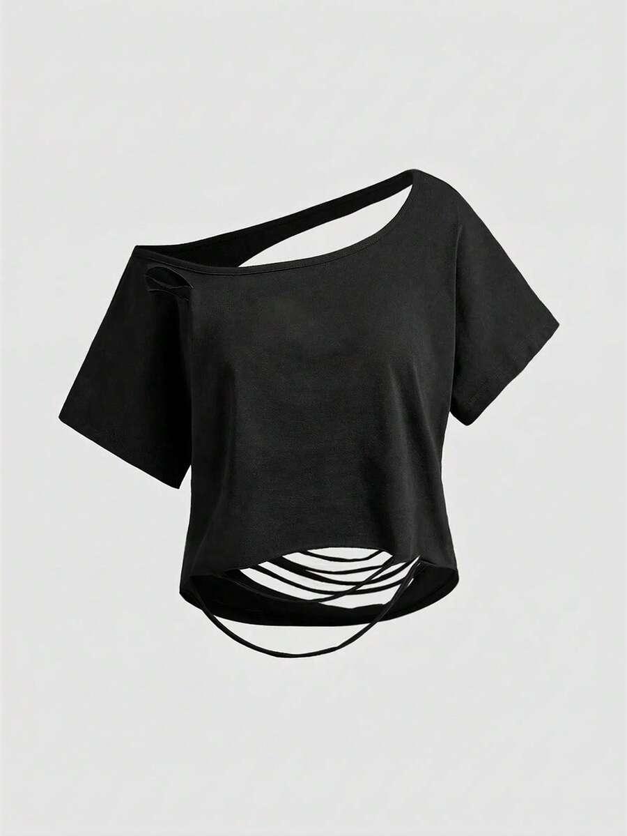 asymmetric shoulder ripped open back loose cropped t-shirt