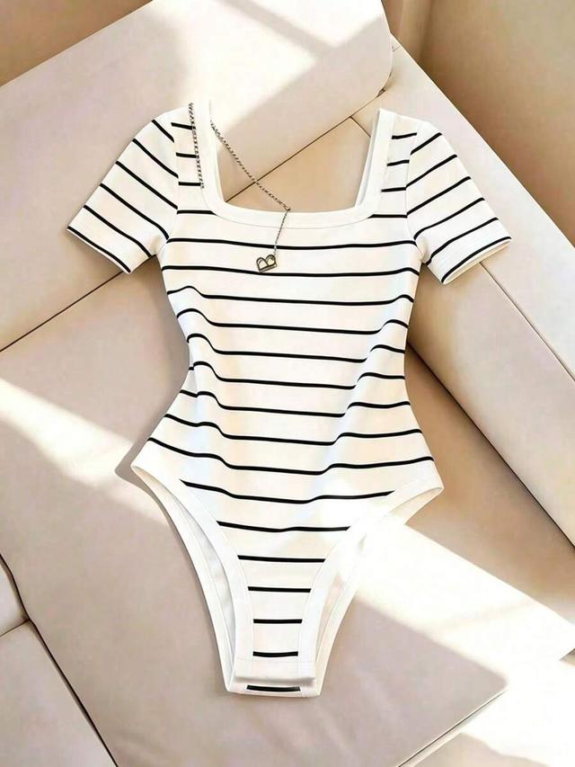 striped square neck short sleeve knit bodysuit