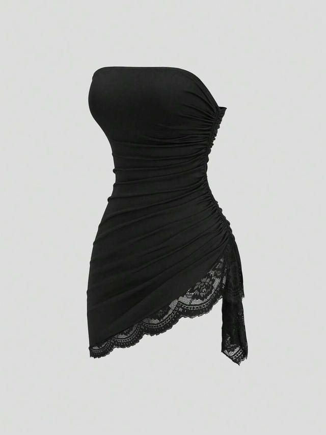 black lace patchwork ruched fitted mini dress