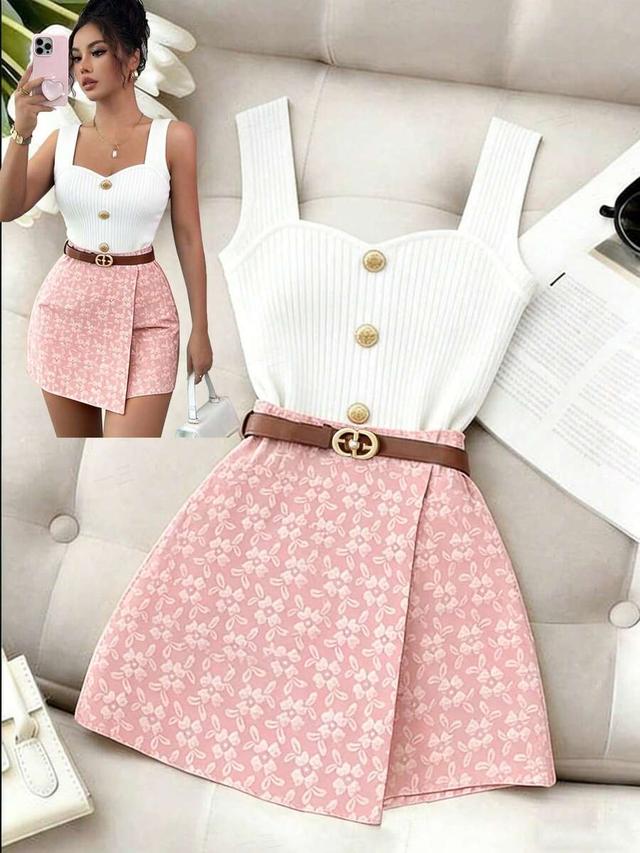 pink floral textured jacquard wrap skort