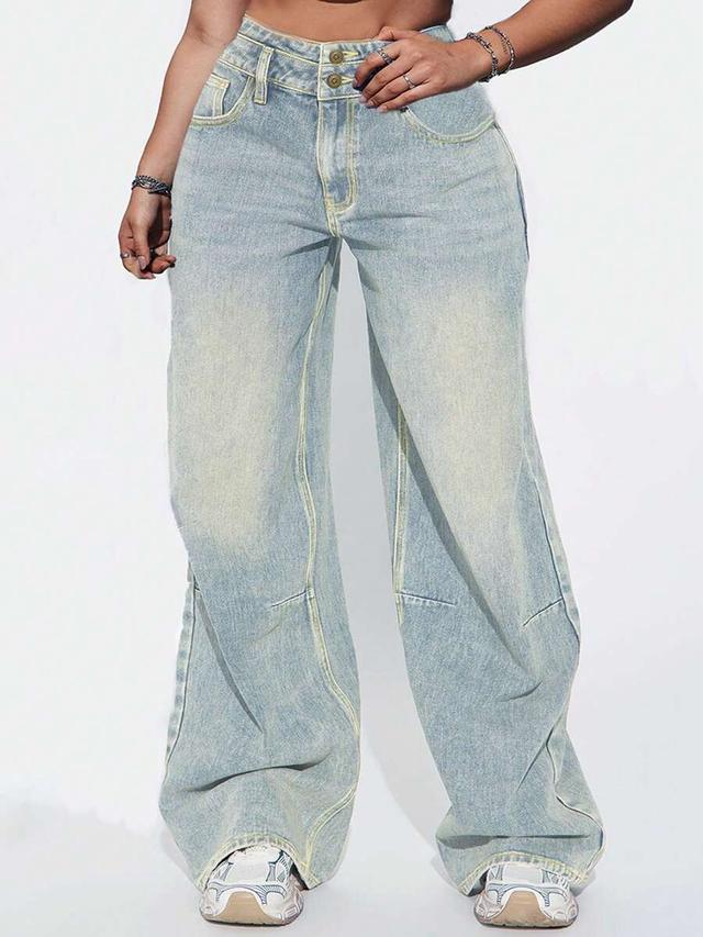women's retro light blue denim wide leg jeans