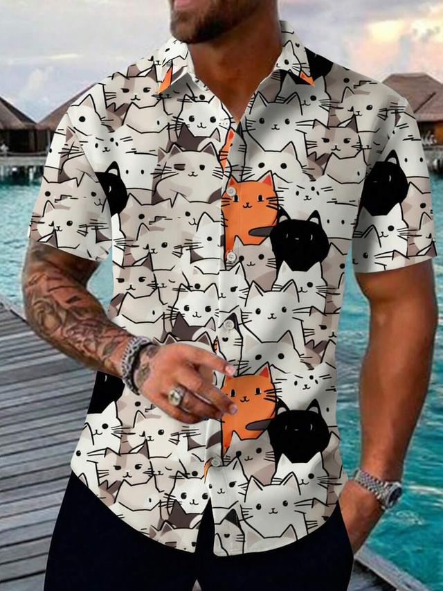 men's cartoon cat print short sleeve casual shirt