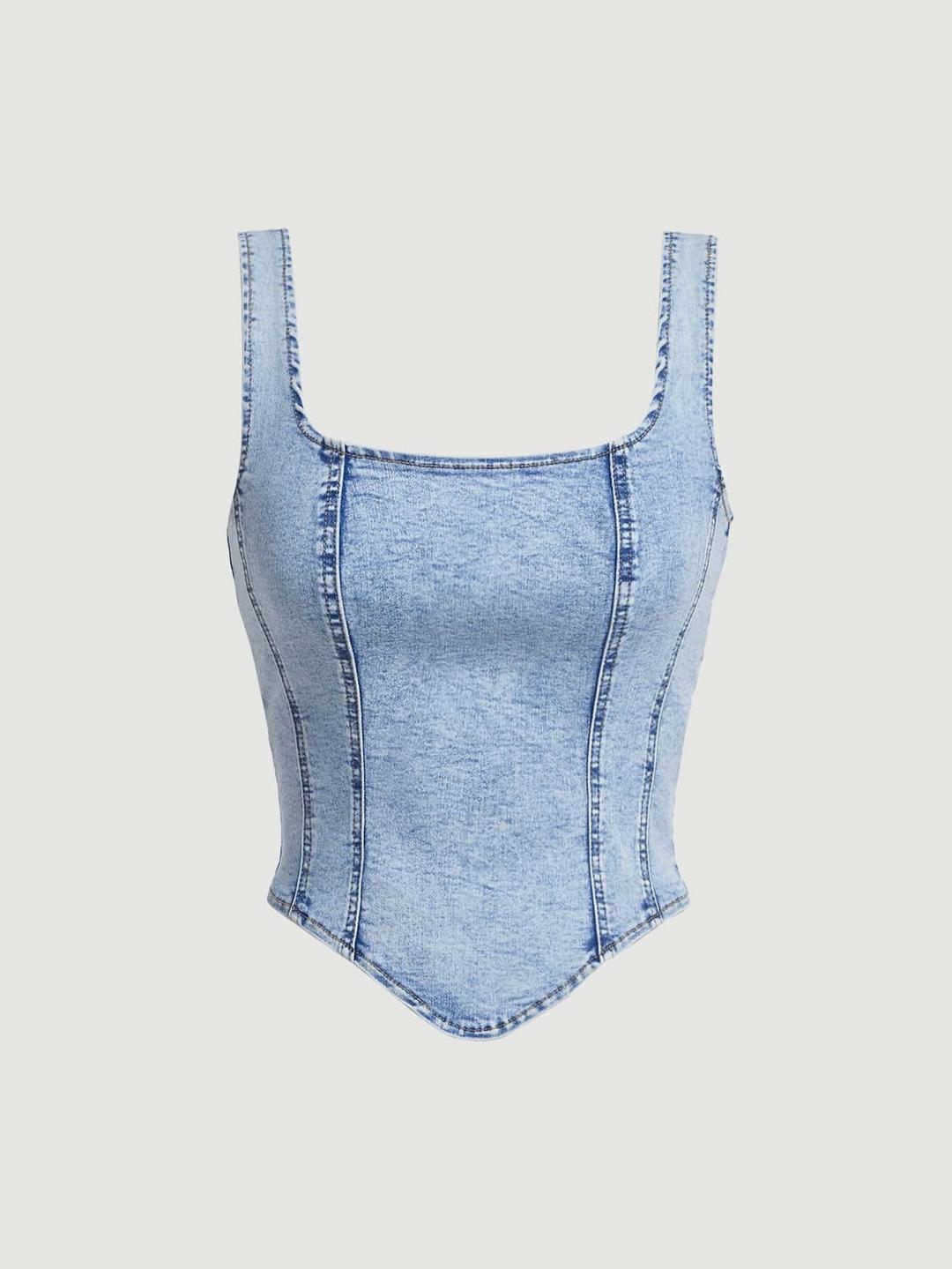 vintage wash denim square neck corset tank top