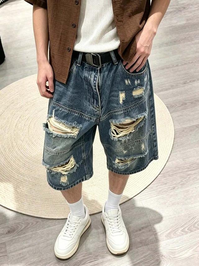 mens ripped denim short pants vintage washing process