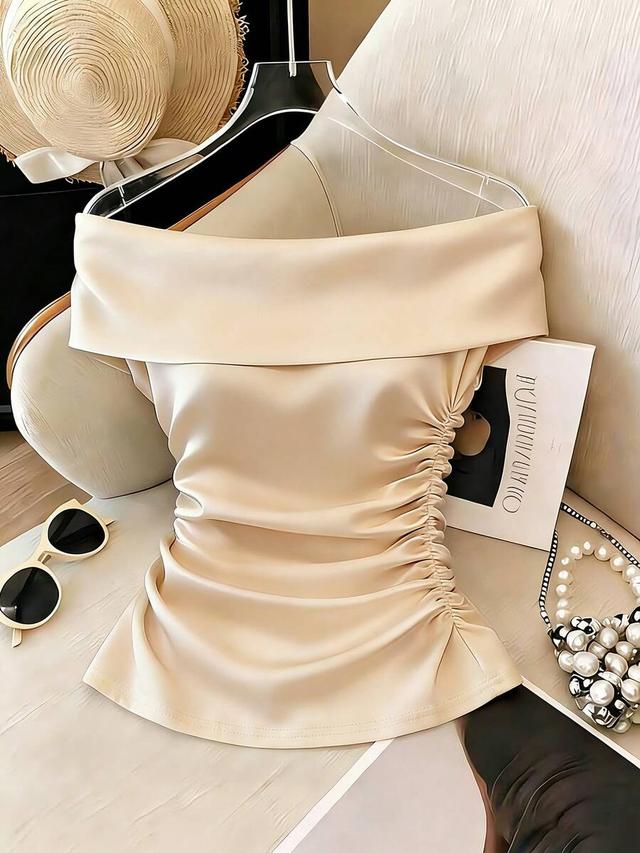 women's off-shoulder champagne satin blouse with side ruching
